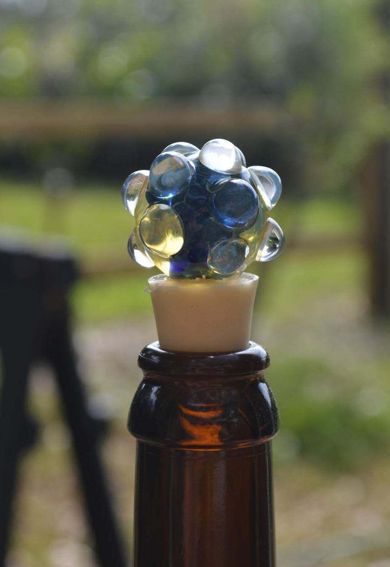 Hand Blown Glass Wine or Beer Bottle Stopper Silver Fumed Cobalt