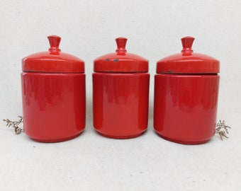 Set Enamel Storage Containers Red Chipped Vintage Old