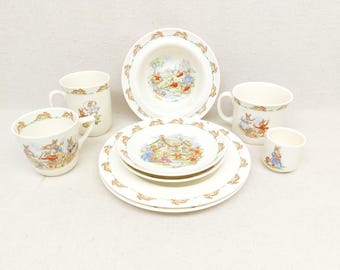 Royal Doulton Bunnykins - Plates and Cups Set - Golden Jubilee Celebration 1984 - Vintage Kids Ceramics - Dinnerware for Kids - Bunny Dishes