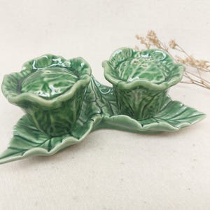 Salt and Pepper Cabbage Set with Tray, Ceramic Collectible Salt and Pepper set, Portugal Rafael Bordalo Pinheiro