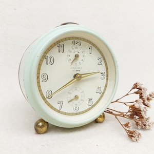 Junghans Tri-Vox-wekker - vintage mintgroen en goud - oude kleine klok - vintage wekker metaal - Duitse klok