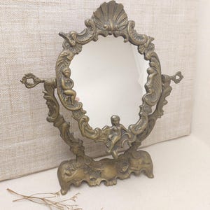 Brass Mirror Art Nouveau, Tabletop Mirror, Turning Mirror, Oval French Mirror