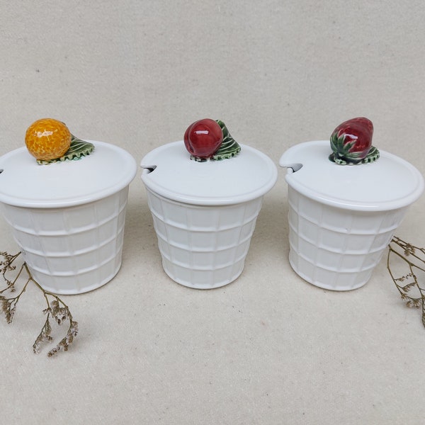 Set of 3 Vintage Jam  Serving Pots With Lid Fruit Portugal