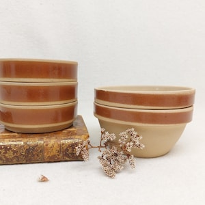 May include: Four brown and tan ceramic bowls with a glossy finish are stacked. Two more bowls are visible. The bowls are on a vintage book with gold lettering. A sprig of dried flowers is in the foreground.