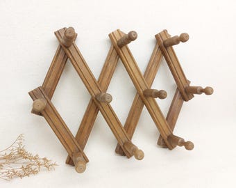 Old Accordion Coat Rack - Wooden Foldable Wall Storage - Aged Wood - Folding Coat and Hat Rack - French Farmhouse Coat Storage