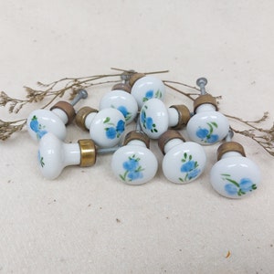 May include: A collection of ten white ceramic cabinet knobs with blue floral designs. Each knob has a brass base and a silver screw.