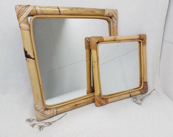 Set Vintage Bamboo Mirrors 70s Sqaure Tiki MCM Boho