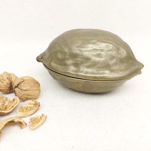 Peut inclure: Un récipient métallique en forme de noix, avec un couvercle à charnière, à côté de plusieurs noix et fragments de coquilles. Le récipient a une surface texturée et une couleur bronze. Les noix sont dans leurs coques brunes naturelles.
