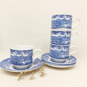 Broadhurst Teacups Saucers Set Blue Transferware Ironstone Bridgwood Staffordshire Farmhouse Teaset The English Scene