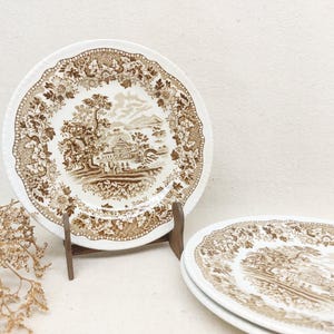 Può includere: Set di tre piatti decorativi con un motivo floreale e paesaggistico marrone e bianco. I piatti sono esposti su un supporto in legno, evidenziando i loro motivi dettagliati e l'estetica vintage. Ideale per l'arredamento della casa.