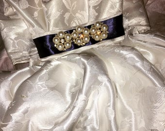 dressage stock tie white satin jacquard with satin ribbon or pearl gems