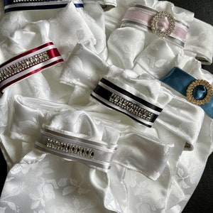White satin floral jacquard with satin ribbon and/or bling slide