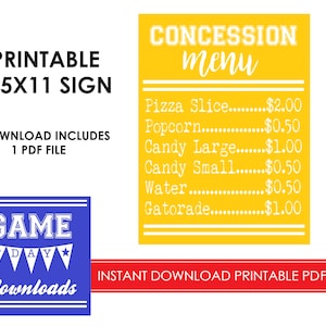 DIGITAL Yellow Concessions Menu Sports Tailgate Food Sign Football Basketball Soccer Event