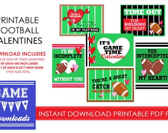 May include: Printable football-themed Valentine's Day cards with various designs featuring footballs, hearts, and text such as "You're a Touchdown" and "It's Game Time Valentine". The download includes 9 PDF files.