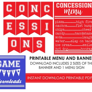 May include: Printable red and white banner with the words "CONCESSION" and "menu". The banner includes a list of concession items and their corresponding cheers. A blue and white banner with the words "GAME DAY" and "downloads" is also included.