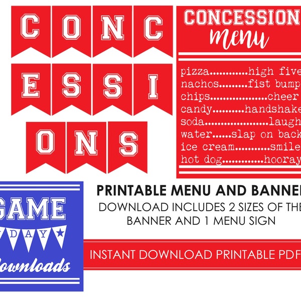 DIGITAL Red Concessions Banner and Menu Sign Poster Sports Decoration Food Football Soccer Basketball Baseball Instant Download