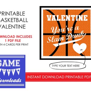PRINTABLE Basketball Valentine Card Tag Instant Download Sports Team All Star Slam Dunk Basket Ball Valentines Day DIY Editable