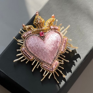 Handmade beaded velvet heart brooch, pink sacred heart pin, sacred heart accessory, heart with crown brooch, unique gift