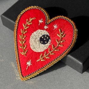 Handmade embroidery beaded heart brooch, Red and Gold sacred heart pin, sacred heart accessory, heart jewelry , unique gift