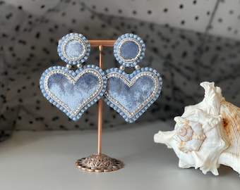 Handmade embroidery beaded earrings, velvet heart earrings, avant garde earrings, handmade jewelry, luxury gift, gift for her