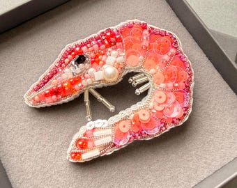 Garnalenbroche met borduurkralen, garnalenspeld, handgemaakt zeeliefhebber kralencadeau, nautisch accessoire
