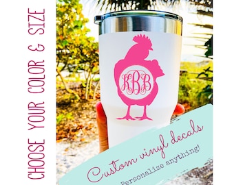 Chicken Silhouette Vinyl Decal, Personalized Monogram Initial Sticker, Cups Yeti Tumblers Cars Truck Laptops - Personalized Rooster Gift