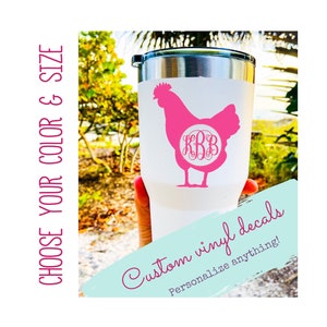 Chicken Silhouette Vinyl Decal, Personalized Monogram Initial Sticker, Cups Yeti Tumblers Cars Truck Laptops - Personalized Rooster Gift