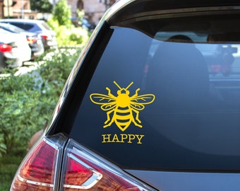 Bee Happy Decal Vinyl Sticker - 4x2.2 Inch Automotive Quality