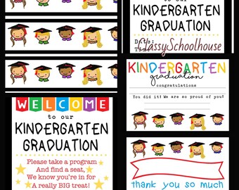 DIGITAL Editable Kindergarten Graduation Set Diplomas Banner Invitations Poster Programs Thank you tags water bottle labels Certificates