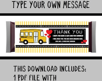 Printable Thank You Gift DIY Editable DIGITAL School Bus Driver Instant Download PDF file Candy Bar Wrapper Treat Appreciation
