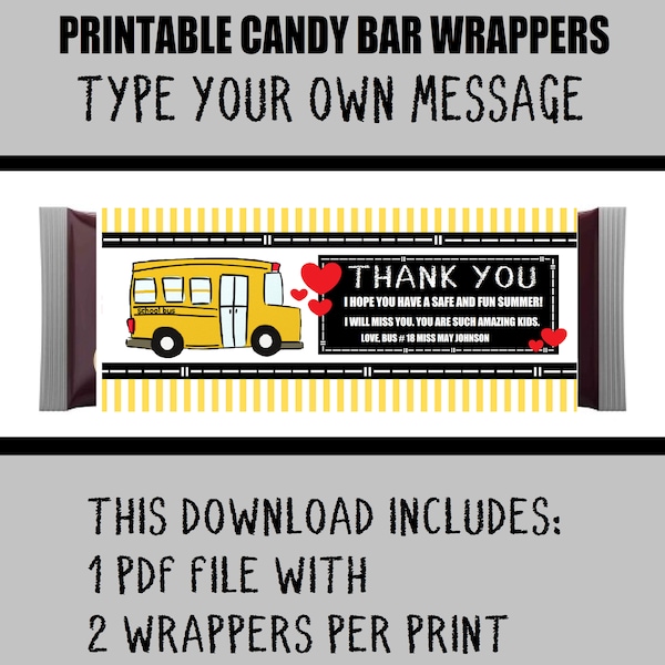 Printable Thank You Gift DIY Editable DIGITAL School Bus Driver Instant Download PDF file Candy Bar Wrapper Treat Appreciation