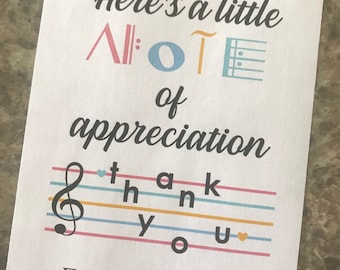 Printable DIGITAL Music Teacher Note of Appreciation Tag Piano Orchestra Band Student Musical Notes Instant Download PDF file Cute Fun Happy