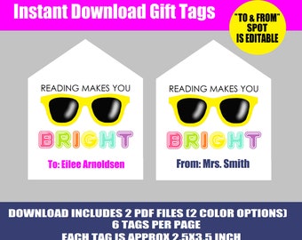 INSTANT DOWNLOAD Reading Makes You Bright Gift Tag Bookmark Cute Handout School Education Read Sunglasses EDITABLE  Pdf Files