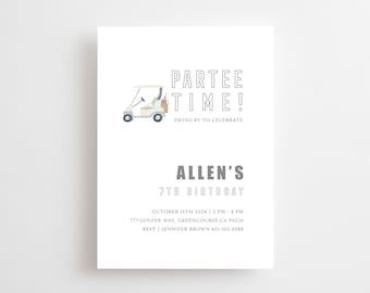 Kids Birthday Party Invitation. Golf Cart Invite For Boy. Simple, Classic, Minimalist. Printed, Digital, Electronic