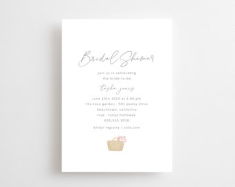 Bridal Shower Invitations. Pink Floral Garden, Classic, Minimalist, Preppy Luncheon Brunch Invite. Printed, Printable, Digital, Electronic