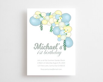 Balloon Garland Invitation, Boy Birthday, Kids / Shower Invitation, Printed Invitation Cards, Printable / Digital / Electronic Invite