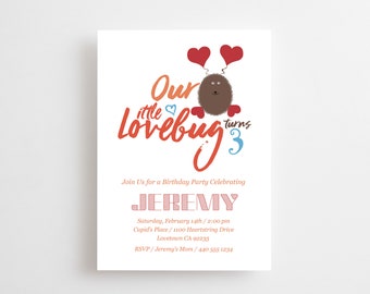 Lovebug Party Invitations, Boy Valentines Birthday, Kids Printed Invitation Cards, Printable / Digital / Electronic Invite