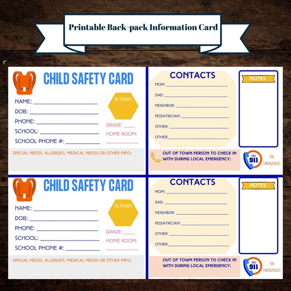 Backpack Tag - Child Identification Card - Allergy Tag - Child Safety School ID Card for Back to School