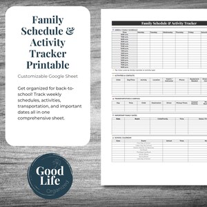 May include: A printable family schedule and activity tracker with a customisable Google Sheet. The document includes sections for weekly schedules, activities, contacts, transportation, important dates, and a school calendar. The text on the left side says "Get organised for back-to-school!"