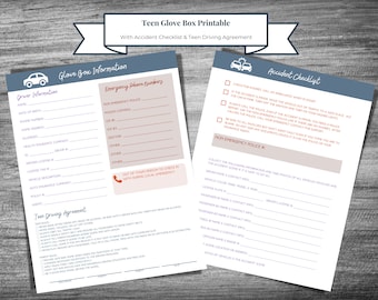 Könnte beinhalten: Druckbare Checkliste für Teenager, die sie in ihrem Handschuhfach aufbewahren können. Die Checkliste enthält Notfallkontaktdaten, Fahrerinformationen und eine Vereinbarung zum Fahren für Teenager. Die Checkliste enthält auch eine Unfallcheckliste mit Anweisungen, was im Falle eines Unfalls zu tun ist.
