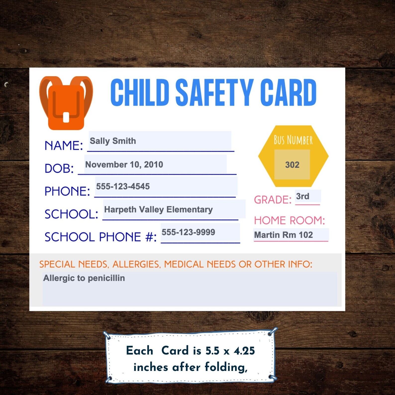Backpack Tag Child Identification Card Allergy Tag Child Etsy