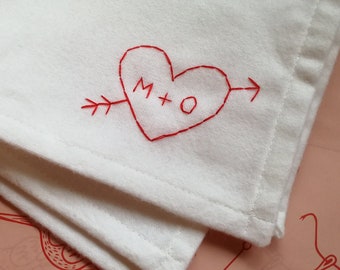 Personalised Handkerchief | Hand Embroidered Custom Love Heart Hanky with Couple's Initials | Second Cotton Wedding Anniversary Gift