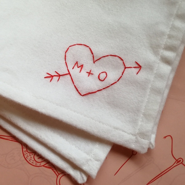 Personalised Handkerchief | Hand Embroidered Custom Love Heart Hanky with Couple's Initials | Second Cotton Wedding Anniversary Gift