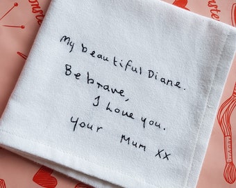Handwritten Message Handkerchief | Embroidered Personalised Handwriting Hanky | Loss of Bride's Mother Keepsake | Remembrance Wedding Gift