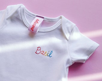 Personalised Baby Grow | Hand Embroidered Custom Name or Slogan Vest | Organic Cotton Bodysuit | First Christmas or Birthday Newborn Gift