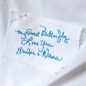 Parche para vestido de novia Something Blue: etiqueta personalizada para coser con mensaje escrito a mano para la novia