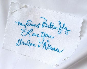 Something Blue Wedding Dress Patch – Personalised Handwritten Message Sew In Label for Bride