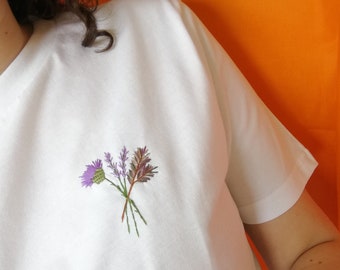 Custom Flowers T-Shirt | Hand Embroidered White Personalised Tee | Vegan Organic Cotton | Gift for Mum with Children's Birth Month Flowers