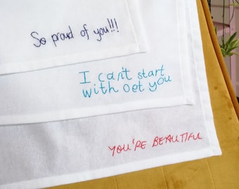 Handwritten Message Handkerchief | Embroidered Personalised Hanky | Handmade Valentines Day or Birthday Gift for Men | Husband, Dad, Brother