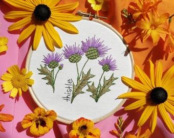 Thistles Embroidery Kit for Beginners | Easy Eco Craft for Adults | Scottish Gift for Gran | Modern Floral Full Kit | Delicious Monster Tea